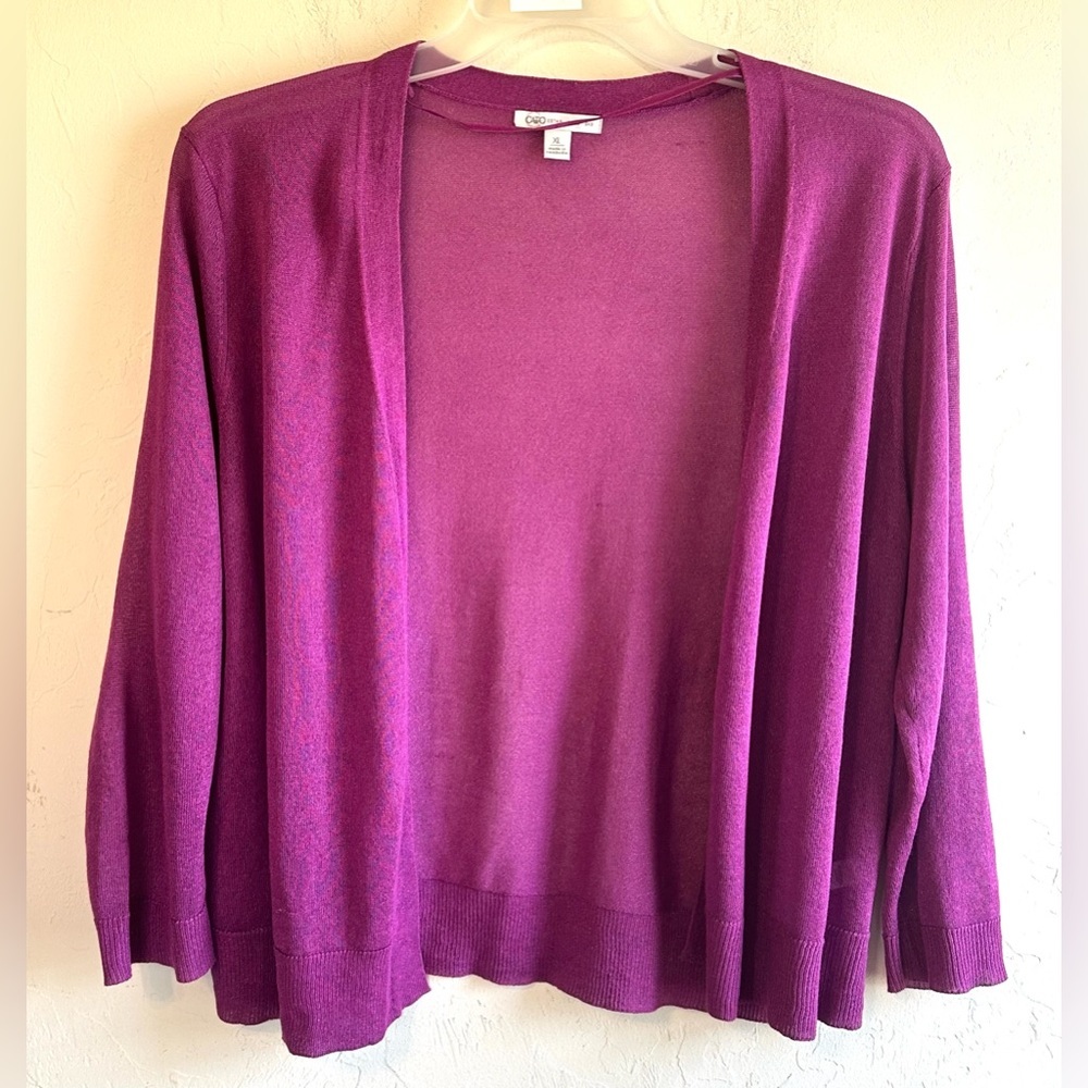 Cato Open Front Sheer Fuchsia Purple Metallic Lightweight Cardigan Sweater Sz XL